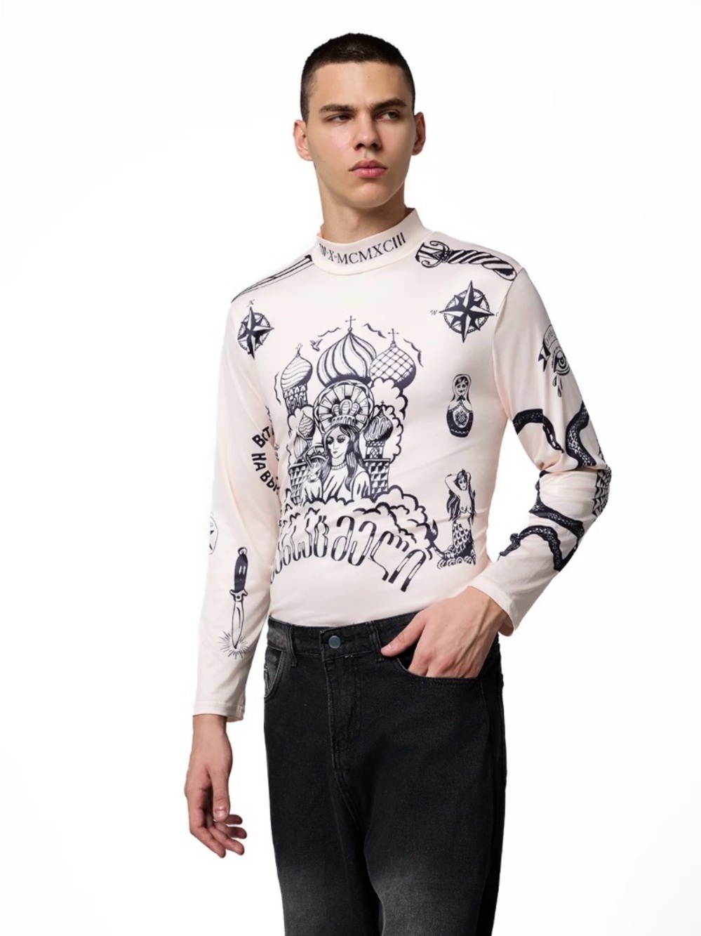 Light peach Graphic tattoo Long-Sleeve half Turtleneck Shirt large Not Vetements